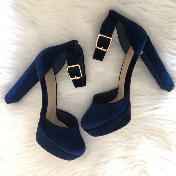 Shoe Dazzle Shoes - Shoe Dazzle Navy Velvet Platform Strap Pump Heels